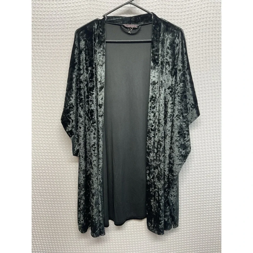 Victoria's Secret Black Crushed Velvet Kimono Open Front Robe Cover Up One Size